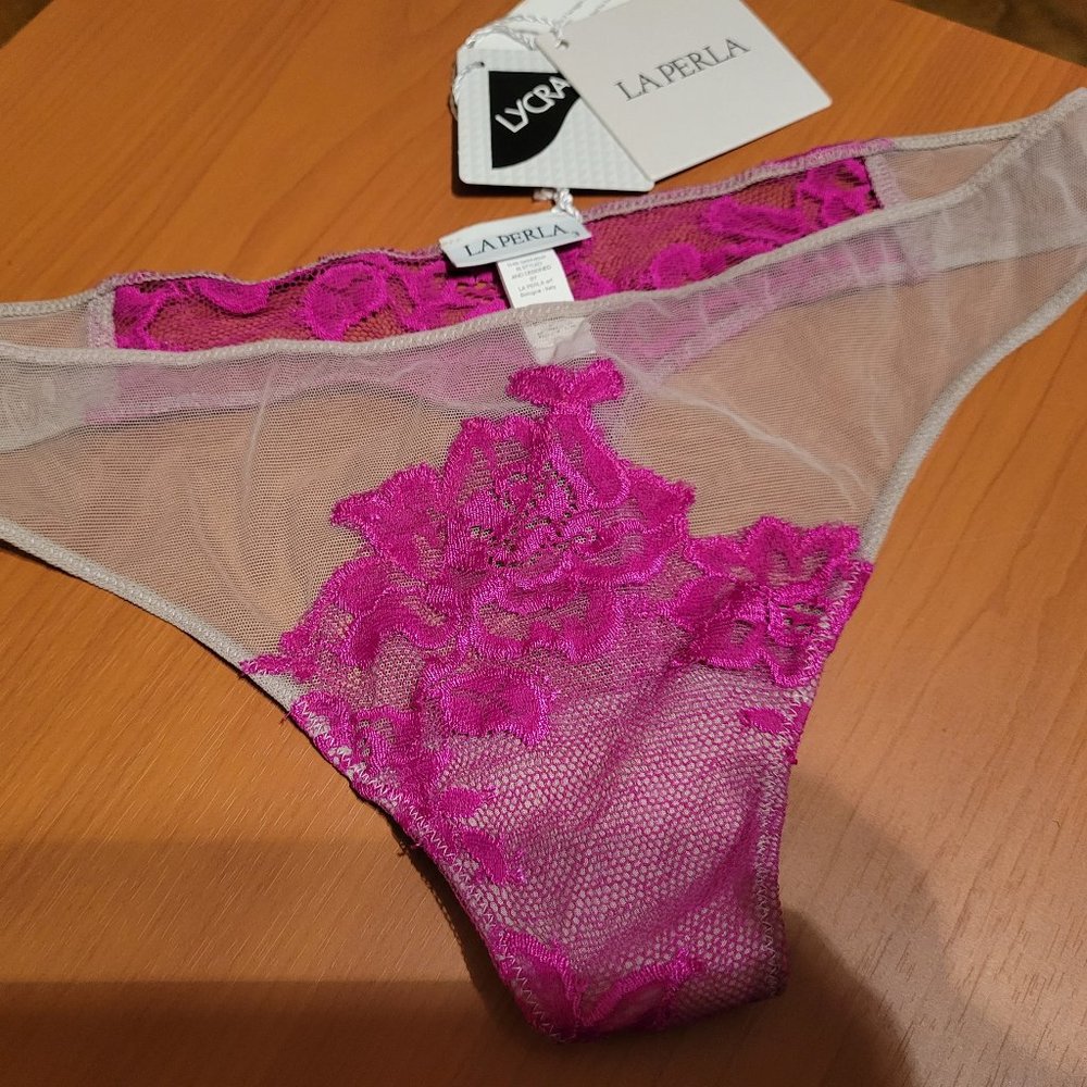NWT La Perla Thong, Sheer w/ Pink Lace  US SZ M